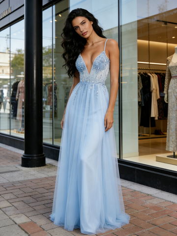 Light Blue V Neck Tulle Beading A Line Prom Dress