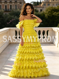 Off Shoulder Yellow Ruffled A Line Prom Dress