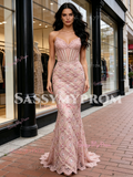 Pink Trumpet Mermaid Sweetheart Beading Lace Prom Dress