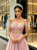 Pearls Tulle A Line Pink Spaghetti Straps Prom Dress