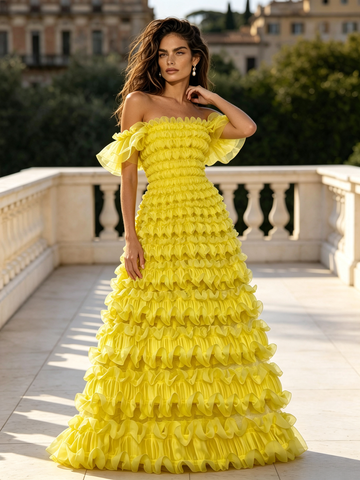 Off Shoulder Yellow Ruffled A Line Prom Dress