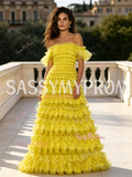 Off Shoulder Yellow Ruffled A Line Prom Dress