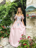 Off The Shoulder Satin A Line Appliques Pink Prom Dress
