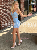 Blue Spaghetti Strap Sequin Bodycon Cut Out Homecoming Dress