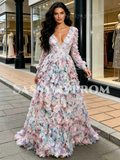 Long Sleeve V Neck Purple Flower A Line Prom Dress