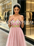 Pearls Tulle A Line Pink Spaghetti Straps Prom Dress