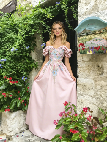 Off The Shoulder Satin A Line Appliques Pink Prom Dress