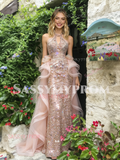 Halter Sequin Champagne Pink Mermaid Beading Ruffles Prom Dress