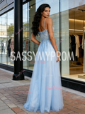 Light Blue V Neck Tulle Beading A Line Prom Dress