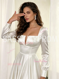 Satin Square A Line Long Sleeve Wedding Dress With Slit