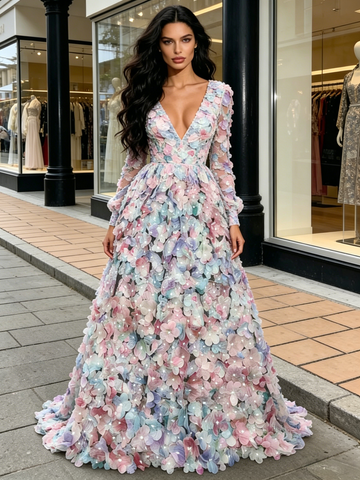 Long Sleeve V Neck Purple Flower A Line Prom Dress