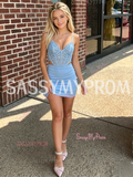 Blue Spaghetti Strap Sequin Bodycon Cut Out Homecoming Dress