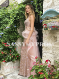 Halter Sequin Champagne Pink Mermaid Beading Ruffles Prom Dress