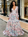 Long Sleeve V Neck Purple Flower A Line Prom Dress