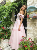 Off The Shoulder Satin A Line Appliques Pink Prom Dress