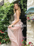 Halter Sequin Champagne Pink Mermaid Beading Ruffles Prom Dress