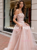 Lace Strapless Pink A Line Bow Tulle Wedding Dress
