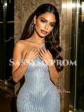 Luxury Beading Blue One Shoulder Trumpet Mermaid Prom Dress
