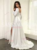 Satin Square A Line Long Sleeve Wedding Dress With Slit