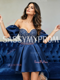 Navy Blue Puffy Sleeve Satin Beaded Homecoming Dress