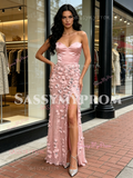 Pink Strapless Satin Flowers Sheath Column Prom Dress With Slit