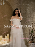 Off The Shoulder Tulle Flower White A Line Wedding Dress