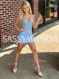Blue Spaghetti Strap Sequin Bodycon Cut Out Homecoming Dress