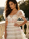 Puffy Sleeve White Sequin A Line Sweetheart Princess Prom Dress