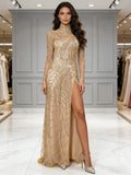 Long Sleeve Gold Sequin Tulle High Neck Prom Dress With Slit