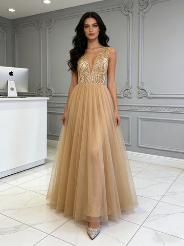 V Neck Sequin Tulle A Line Champagne Prom Dress