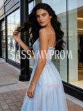 Light Blue V Neck Tulle Beading A Line Prom Dress