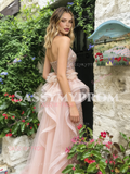 Halter Sequin Champagne Pink Mermaid Beading Ruffles Prom Dress