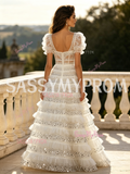 Puffy Sleeve White Sequin A Line Sweetheart Princess Prom Dress