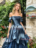 Off The Shoulder Tulle Blue A Line Prom Dress