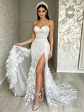 Sheath Column Sweetheart Slit Leaf Flower White Prom Dress