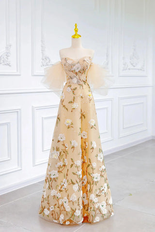 Tulle Floral A Line Off The Shoulder Champagne Prom Dress
