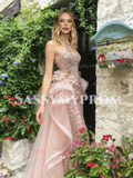 Halter Sequin Champagne Pink Mermaid Beading Ruffles Prom Dress