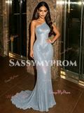 Luxury Beading Blue One Shoulder Trumpet Mermaid Prom Dress