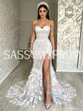 Sheath Column Sweetheart Slit Leaf Flower White Prom Dress