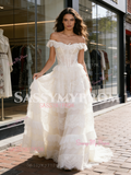 Off The Shoulder Lace A Line Layer Wedding Dress