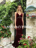 Spaghetti Straps Burgundy Velvet Trumpet Mermaid Prom Dress