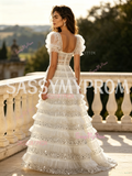 Puffy Sleeve White Sequin A Line Sweetheart Princess Prom Dress
