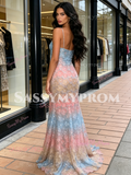 Spaghetti Straps Trumpet Mermaid Lace Colorful Prom Dress
