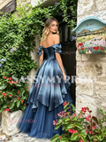 Off The Shoulder Tulle Blue A Line Prom Dress