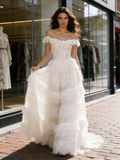 Off The Shoulder Lace A Line Layer Wedding Dress