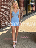 Blue Spaghetti Strap Sequin Bodycon Cut Out Homecoming Dress