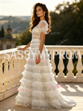Puffy Sleeve White Sequin A Line Sweetheart Princess Prom Dress
