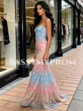 Spaghetti Straps Trumpet Mermaid Lace Colorful Prom Dress