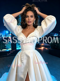 Long Sleeve Satin Button A Line Sweetheart Wedding Dress With Slit