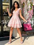 V Neck Light Pink Tulle Ruched A Line Homecoming Dress